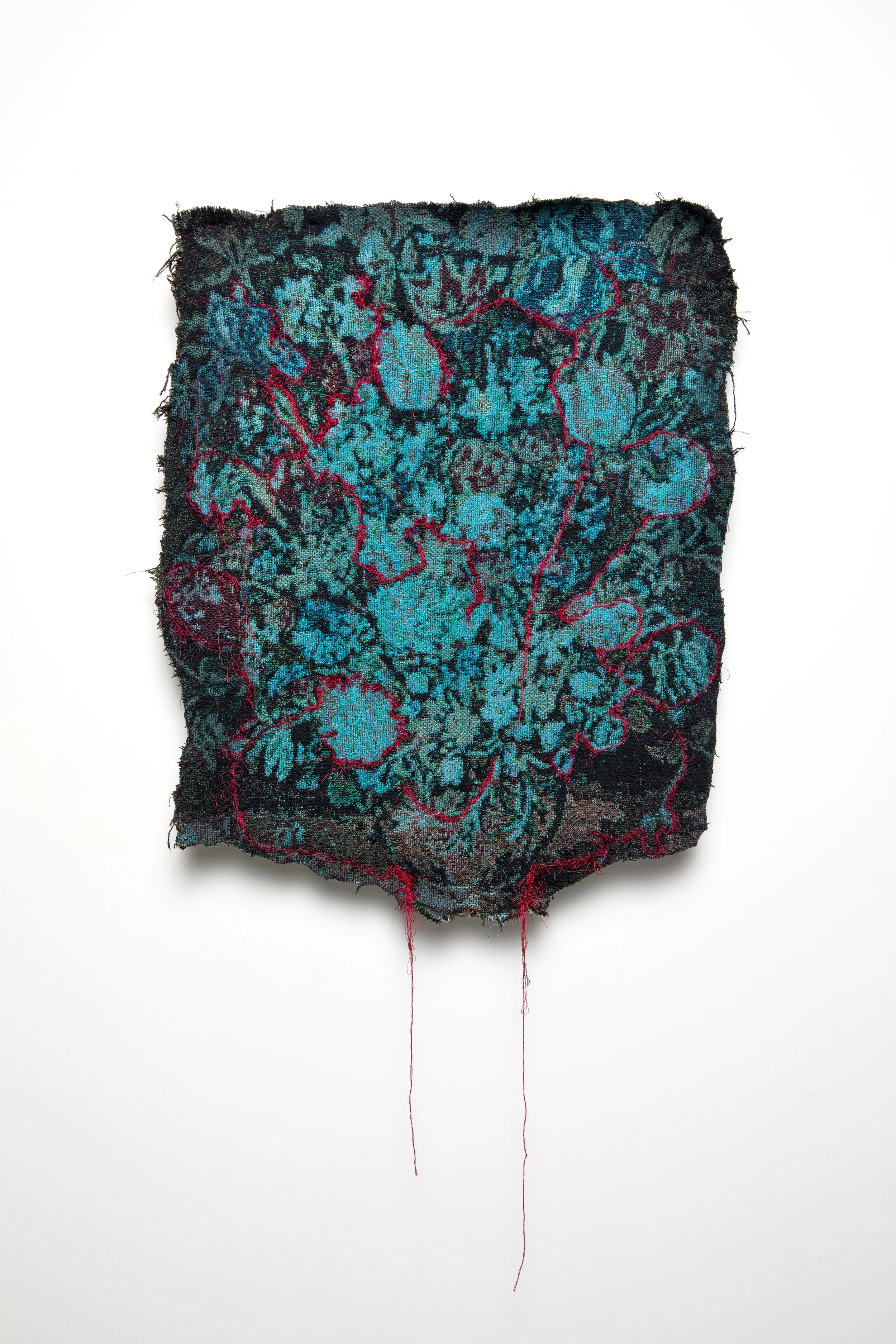   Cerulean, 2026   Woven textile photograph, hand-dyed, deconstructed, embroidered, mounted on panel, 34”x19”x1.5 