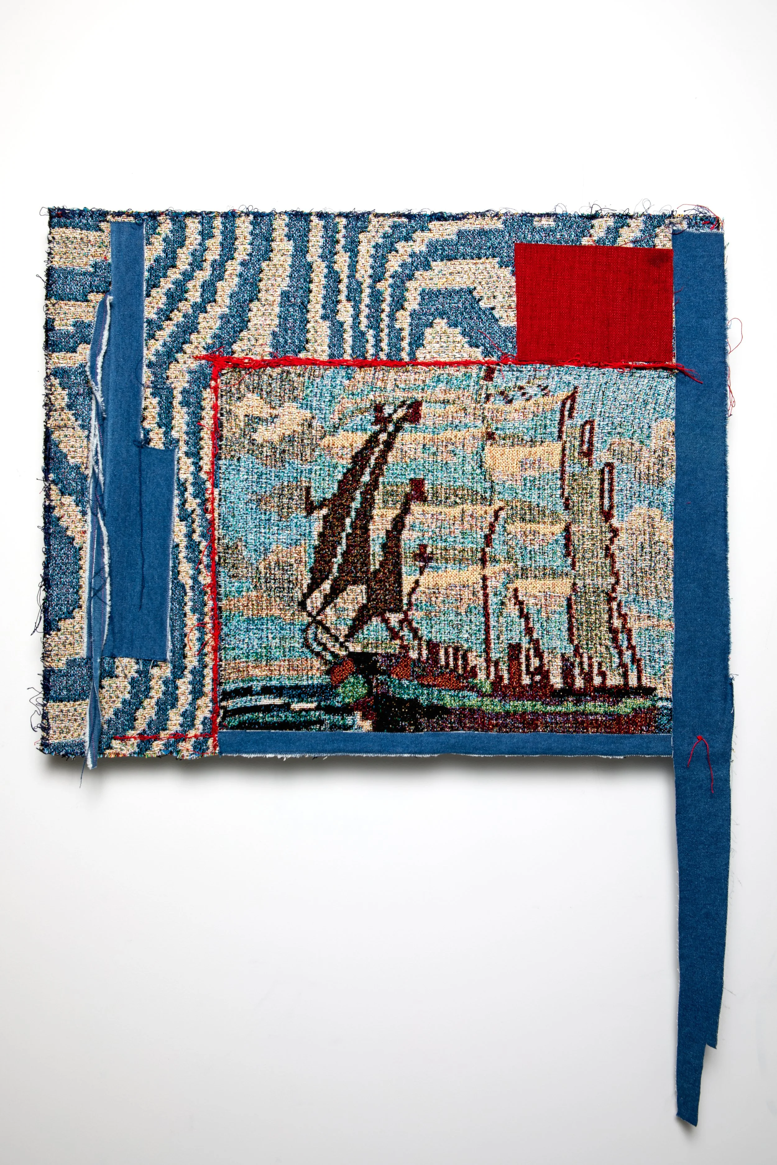   Nautical Tendencies, 2026   Woven textile photograph, collaged fabrics and embroidery mounted on panel, 41”x30×1.5” 
