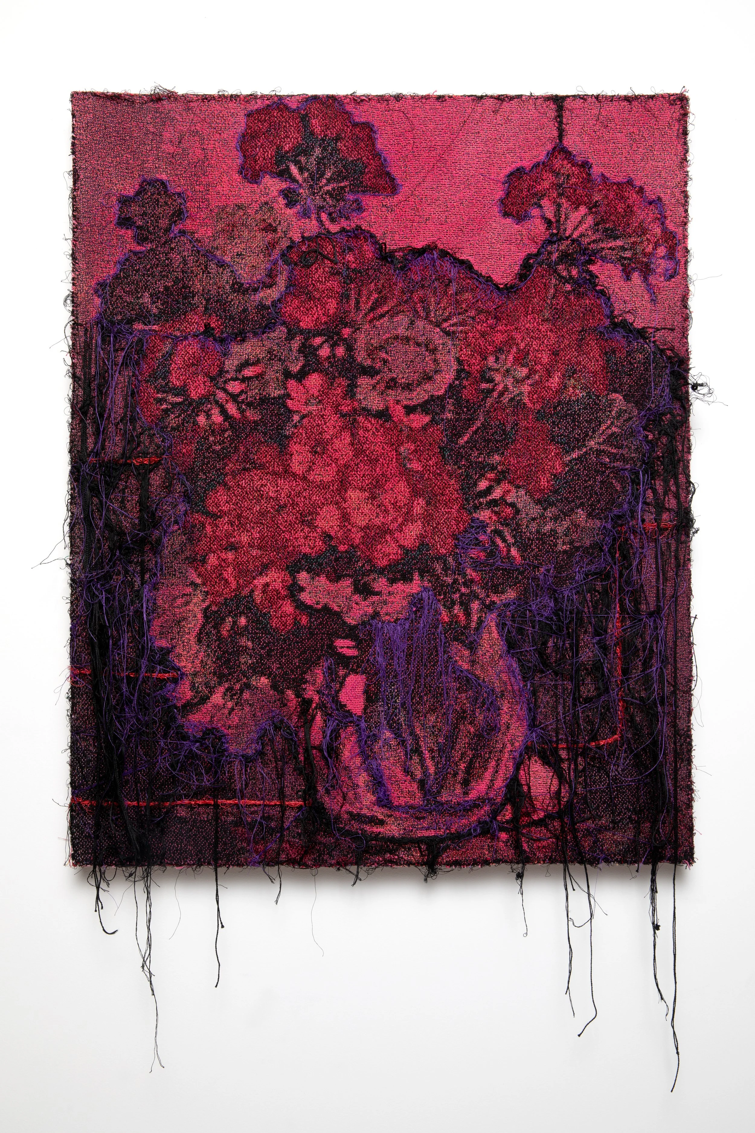    Geraniums , 2026   Woven textile photograph, hand-dyed, deconstructed, embroidery and hand-sewing mounted on panel, 36”x24”x1.5” 
