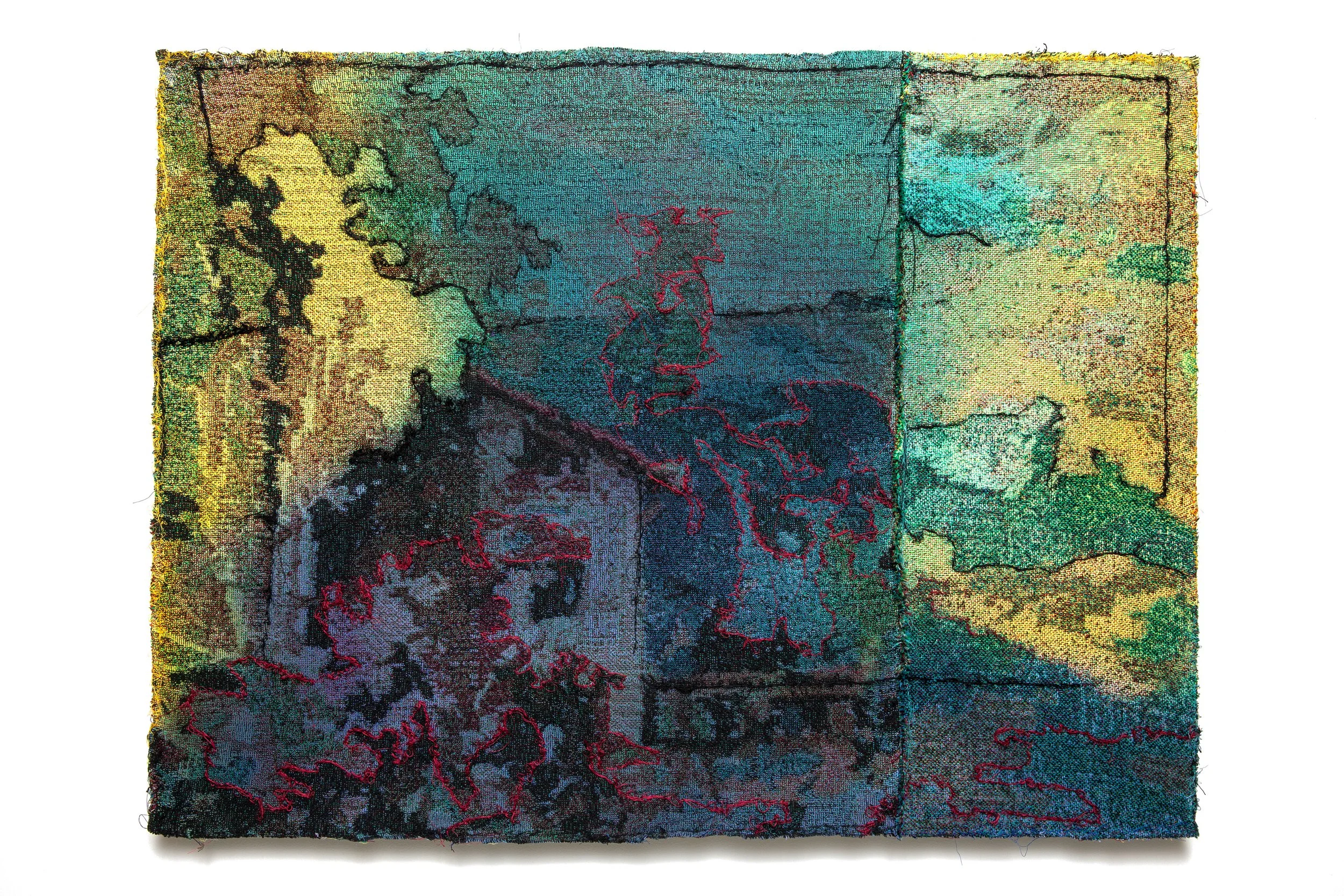    Eclipse , 2026   Woven textile photograph, hand-dyed, collage with embroidery and hand-sewing mounted on panel, 30”x40”x1.5” 