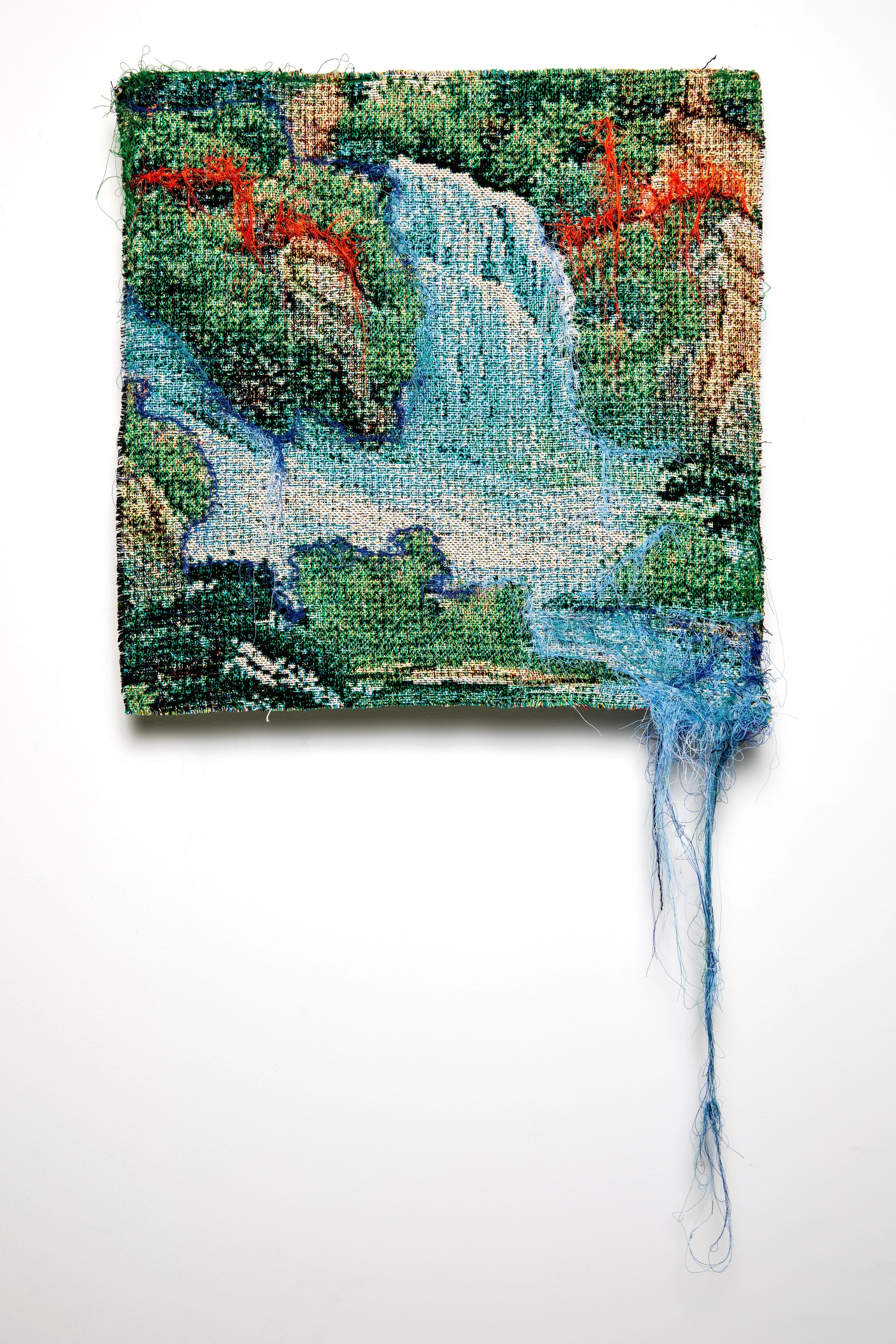   Fire, 2026   Woven textile photograph, deconstructed with embroidery and hand-sewing over panel, 36”x18”x1.5” 