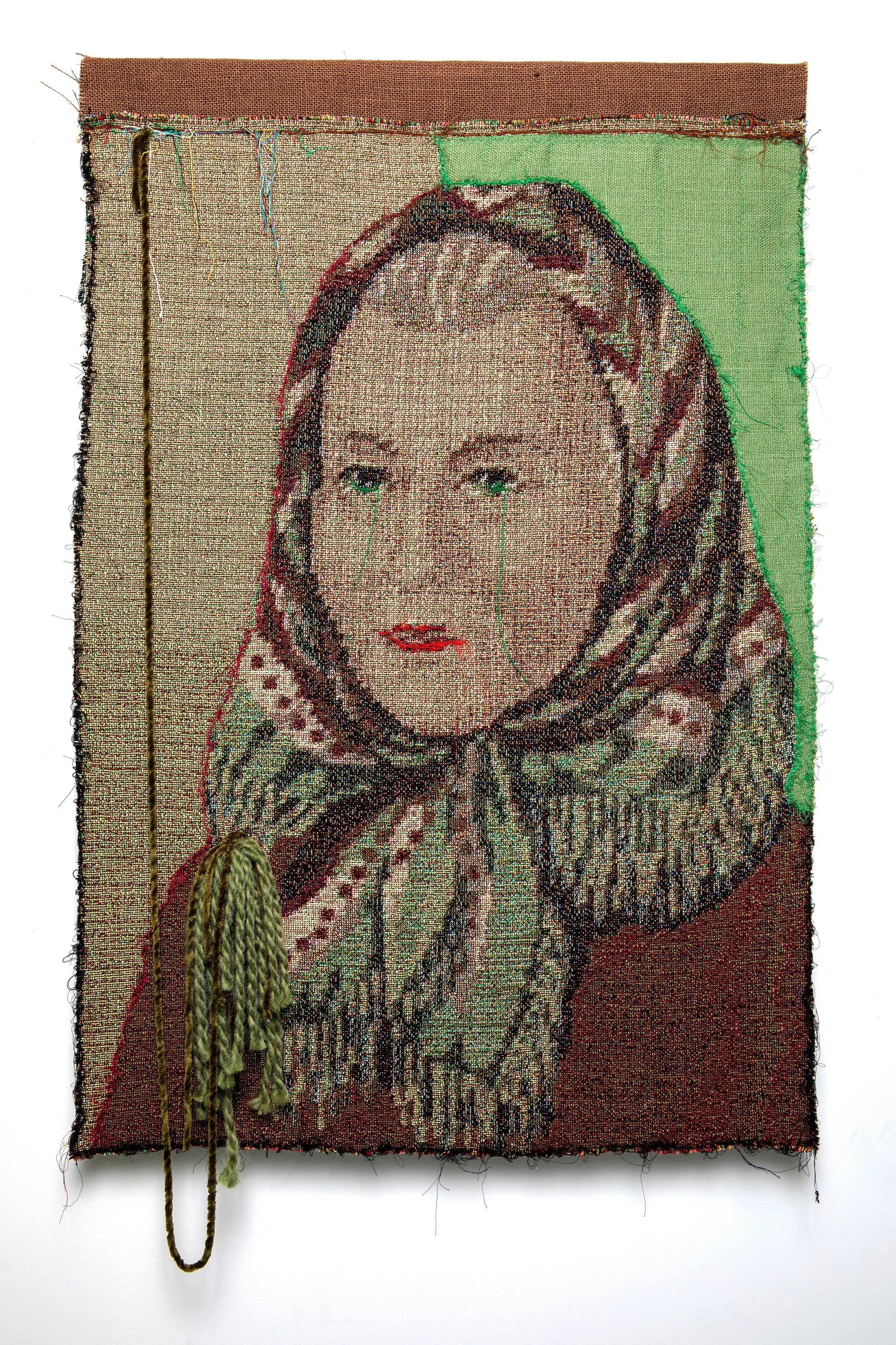   Old Country, 2026   Woven textile photograph, fabric collage with yarn and hand sewing mounted on panel, 40”x24” 