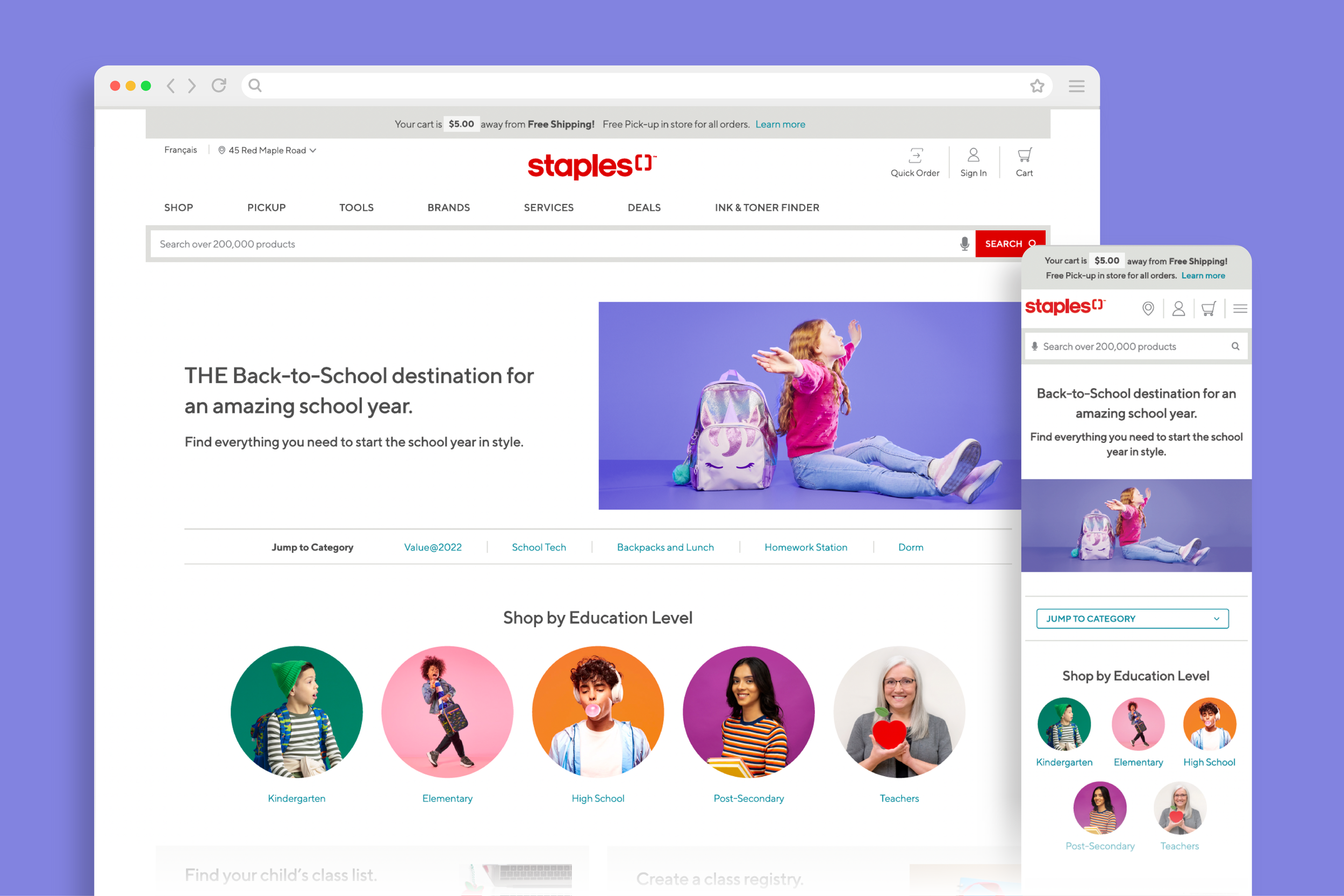 Image of Staples back-to-school landing page on desktop and mobile.