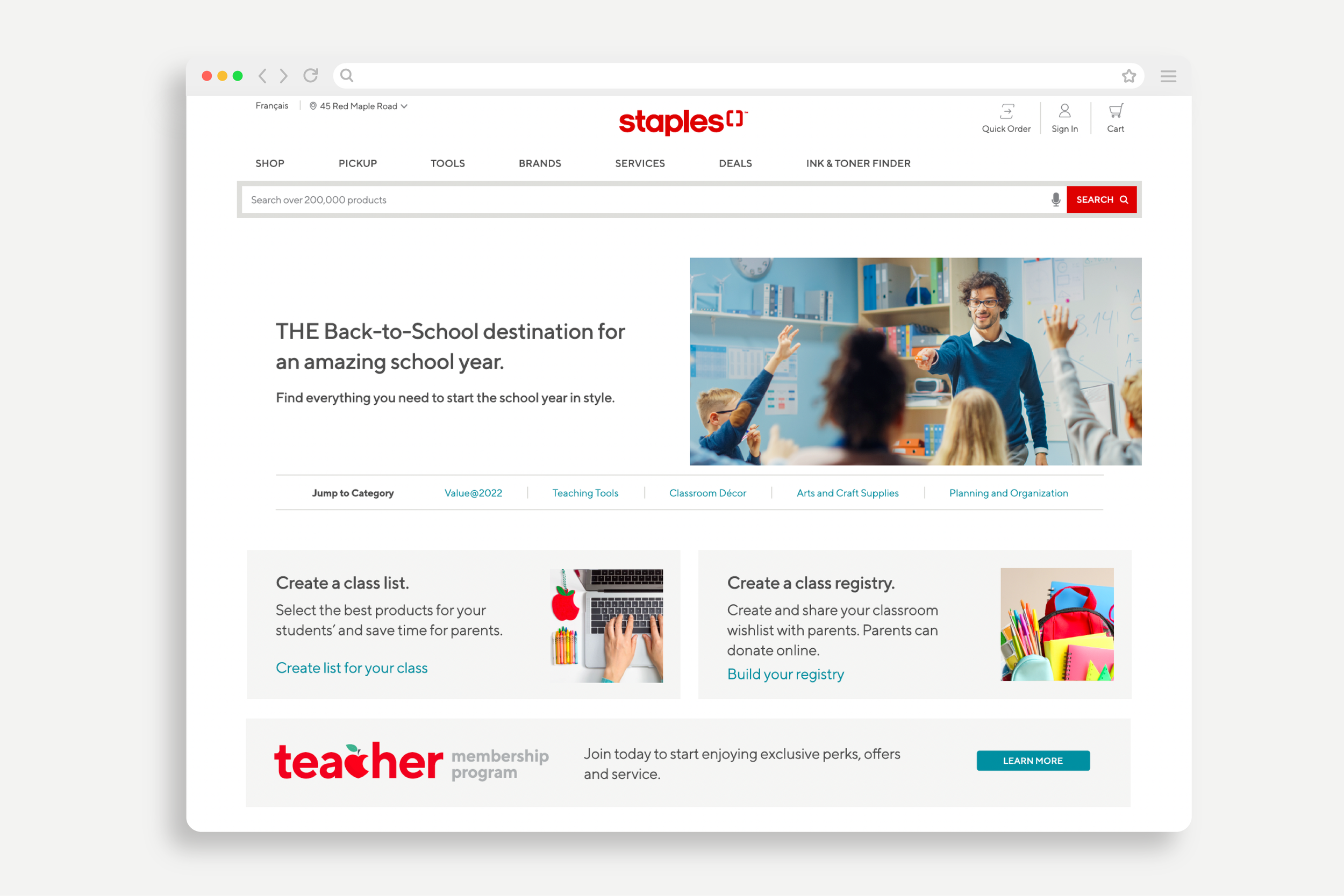 Image of the Staples back-to-school category page tailored to teachers.
