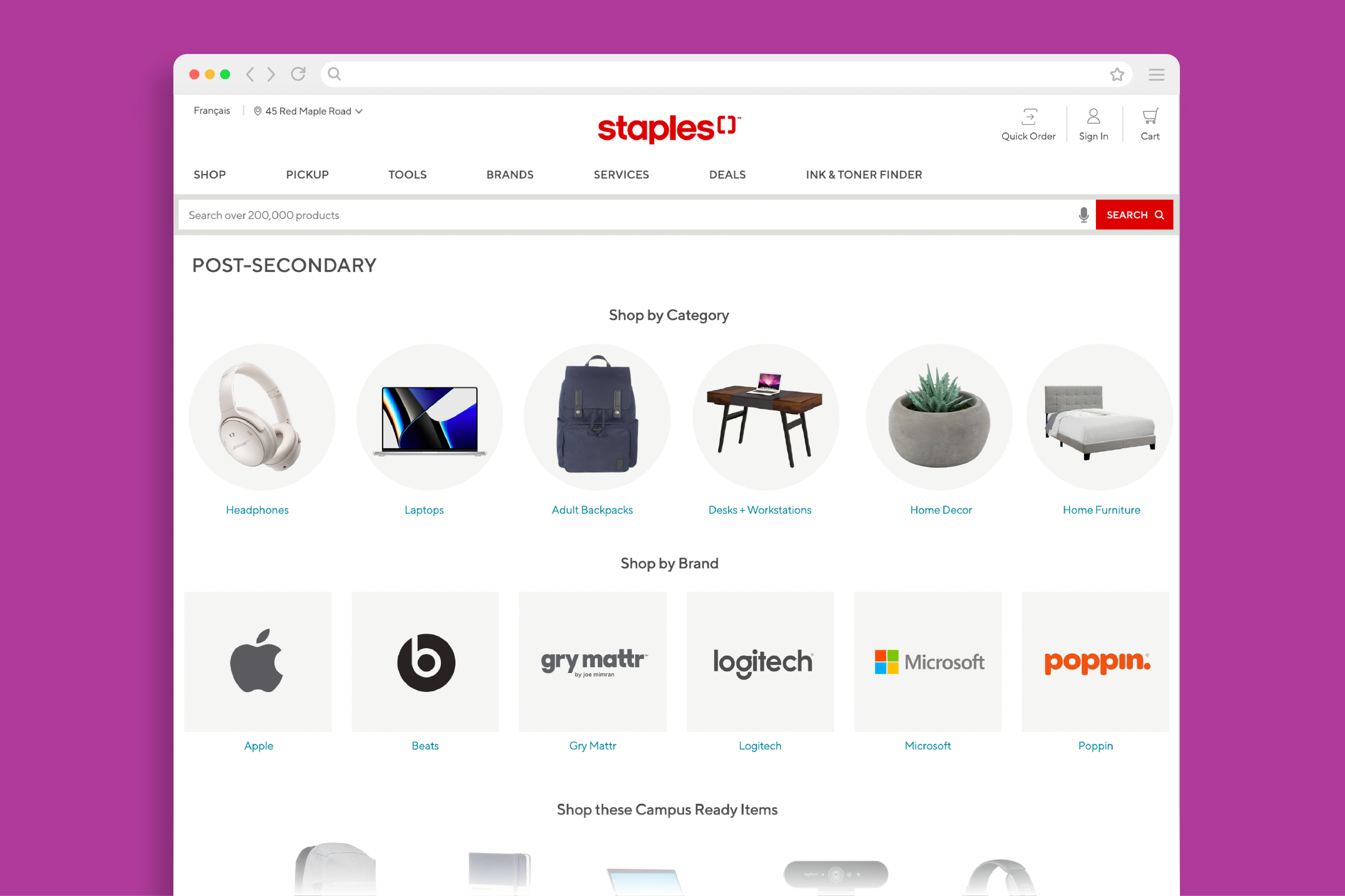 Image of a Staples category page tailored to post-secondary students.