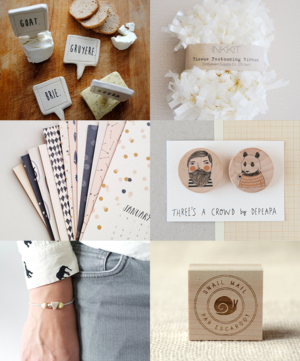 handmade cheese markers by nelldesign / cream tissue festooning ribbon by inkkit / pattern & post card calendar 2014 by stationeryboutique / bearded and bear wooden brooches by depeapa / triangle pastel bracelet by frausieben / par escargot rubber stamp by witandwhistle