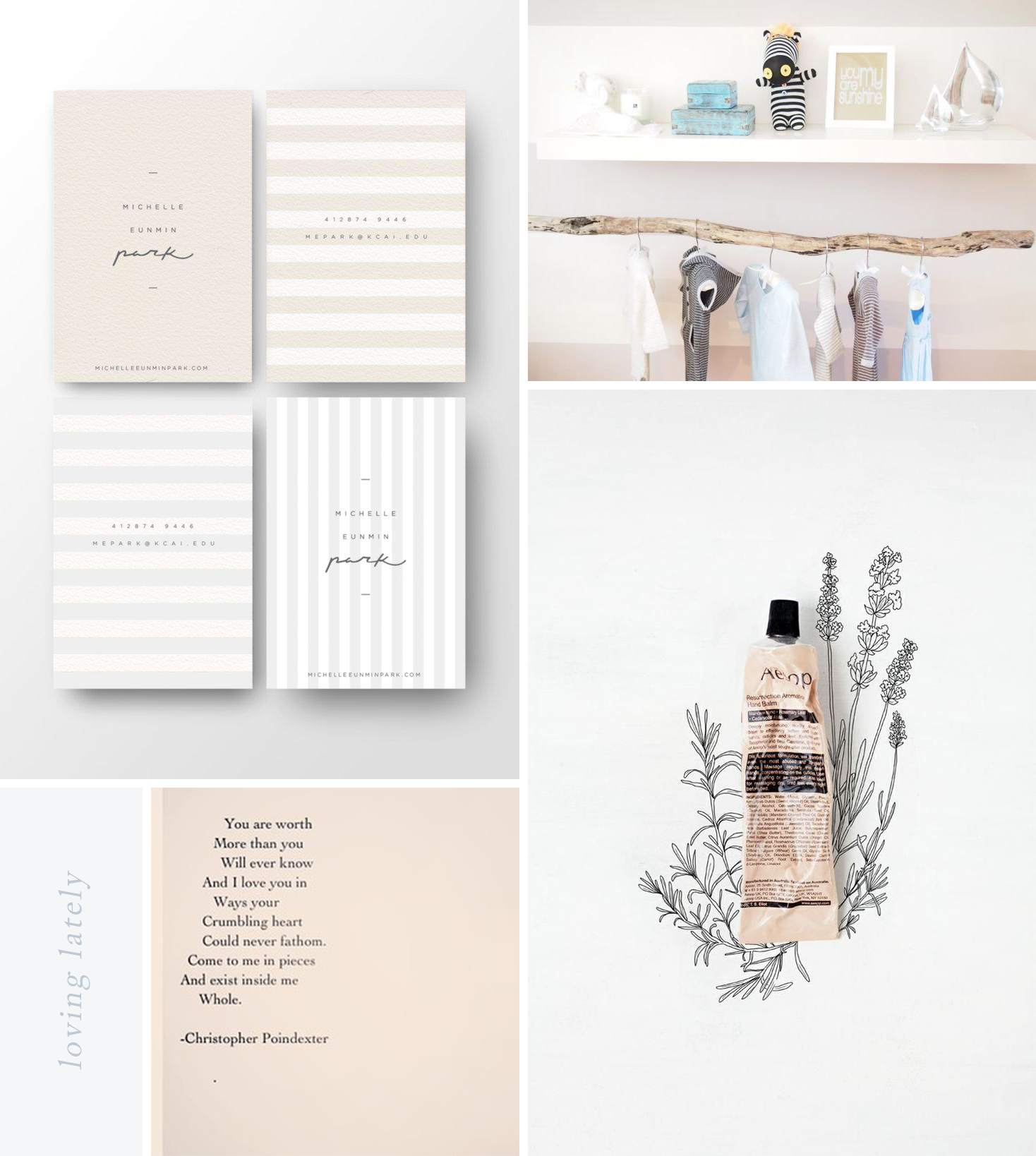business cards by belinda love lee / poem by christopher poindexter / DIY driftwood hanging wardrobe by habitat + beyond / aromatic hand balm by aesop
