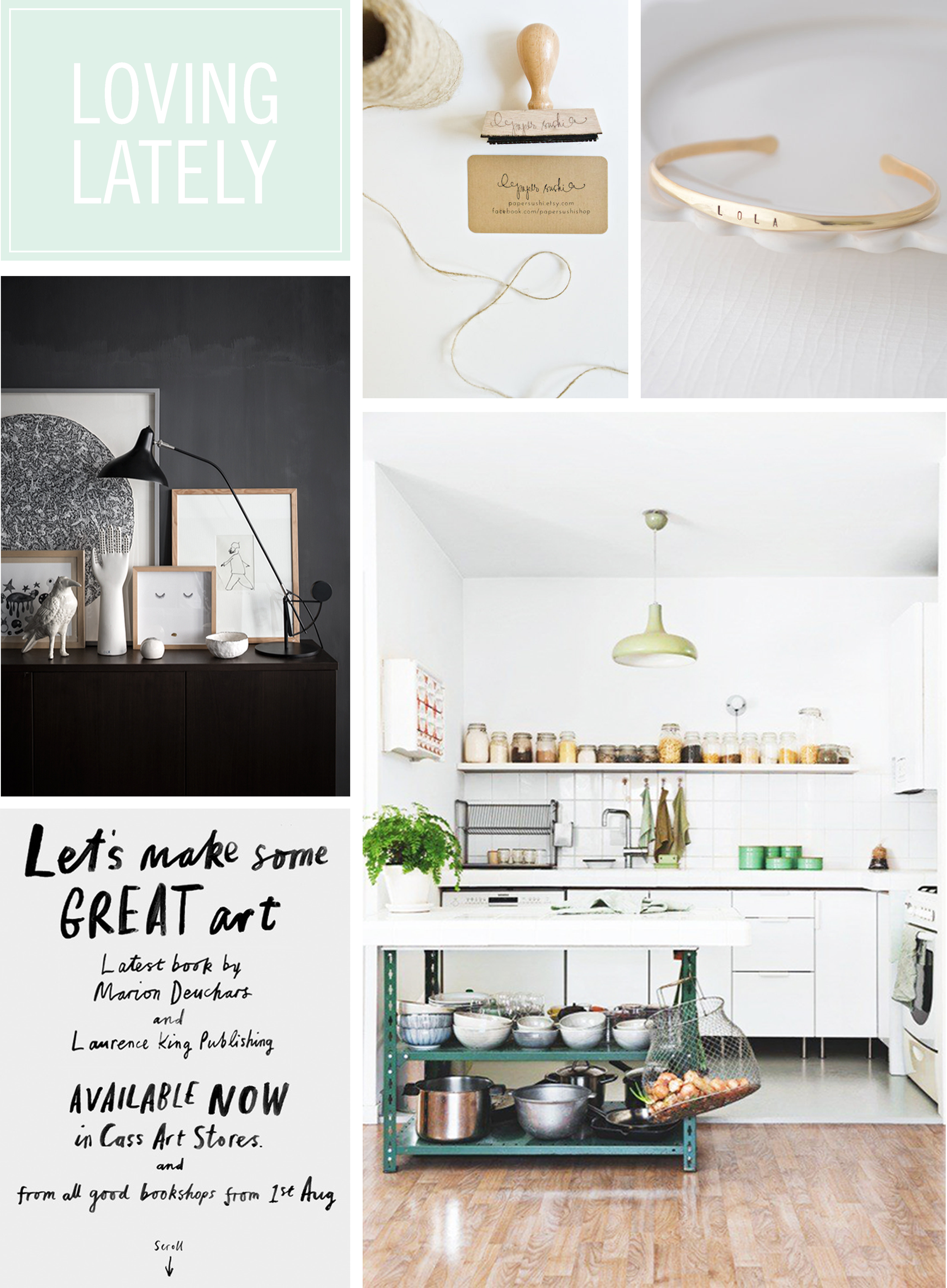 business card stamp by paper sushi / gold name bracelet by olive yew jewels / black home by romain ricard / let's make some great art by marion deuchars & laurence king / a london cottage by sf girl by bay