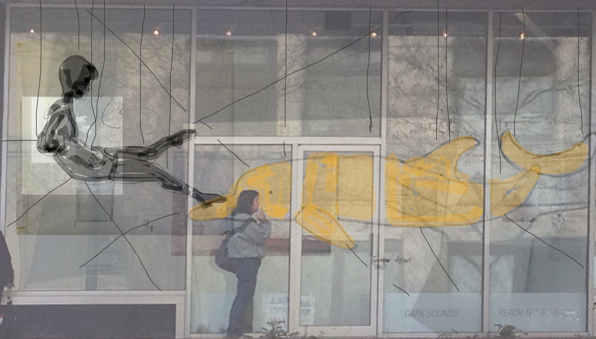 Our sketch to figure out scale. A 13 foot dolphin?? The window is 23' wide by 10' deep with 12' ceilings. Oh my!