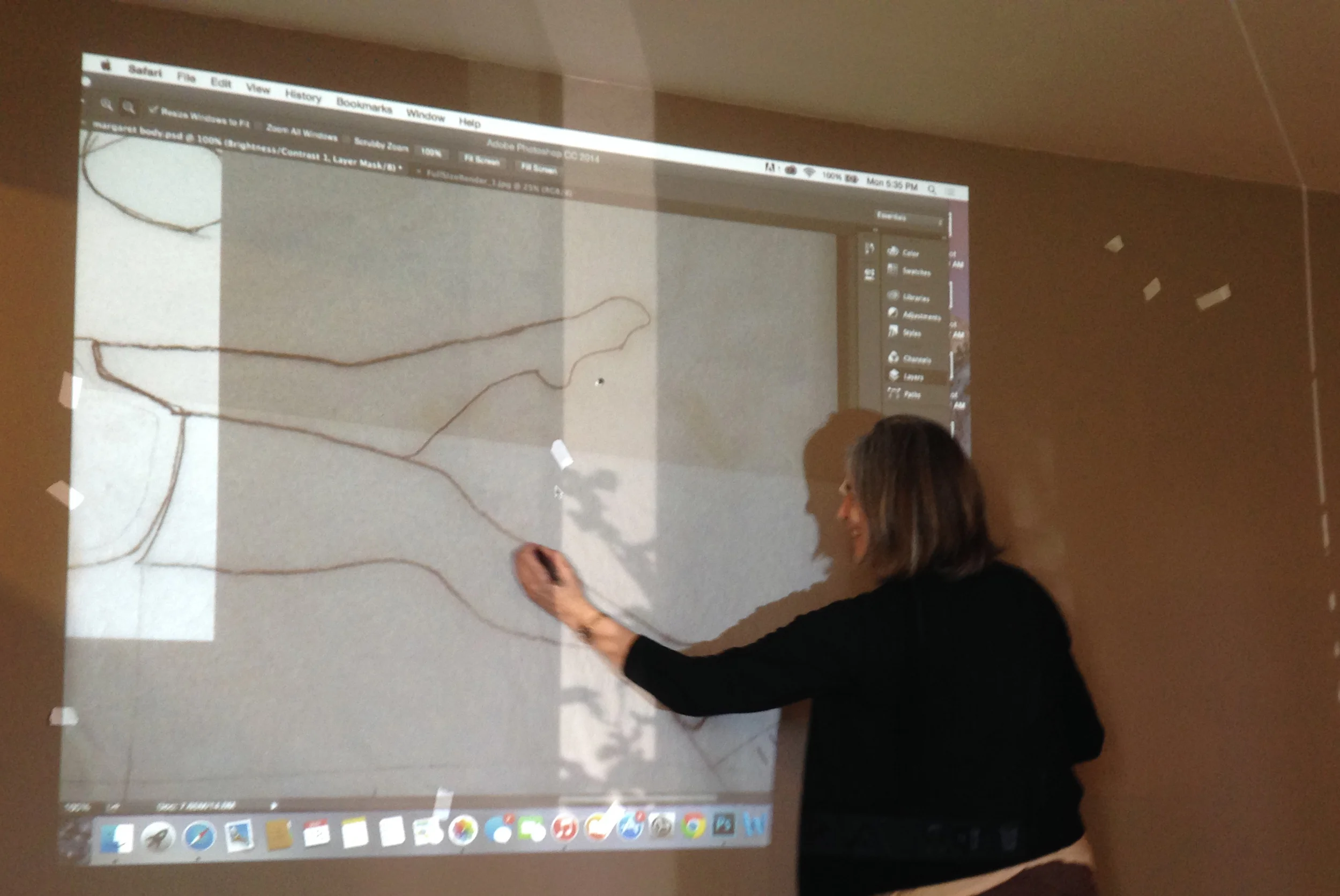 Finding a blank wall to transfer the images to scale was hard. The drawings looked huge in Marisa's house.