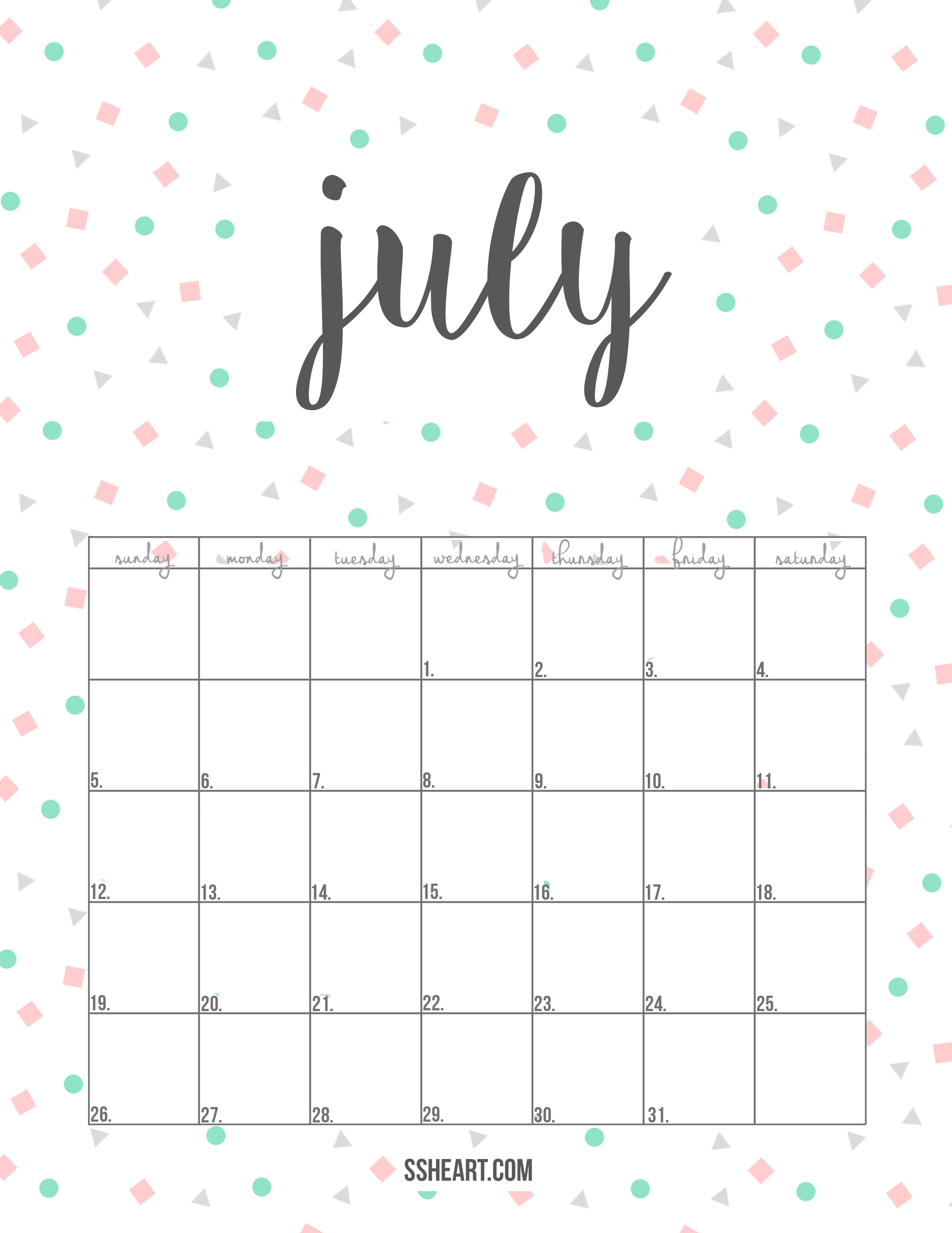 July Monthly Calendar