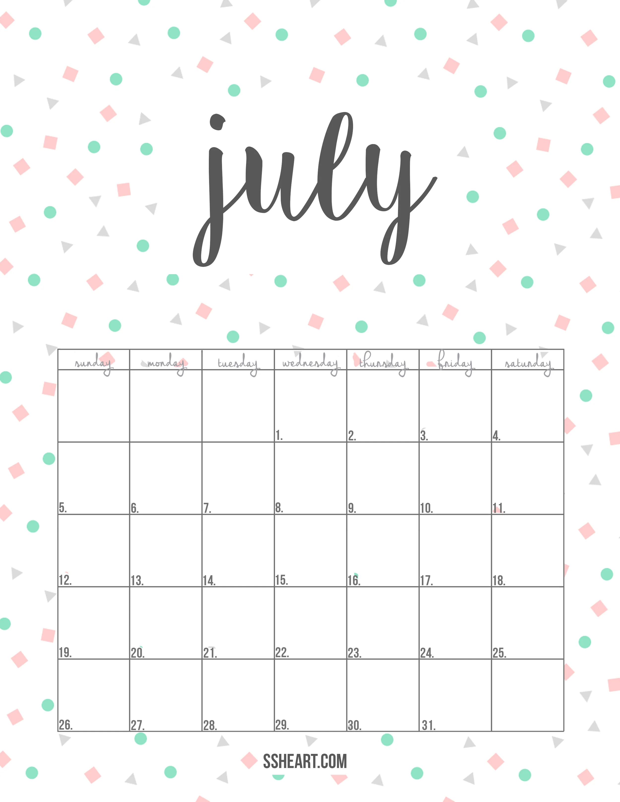 July Calendar Cute