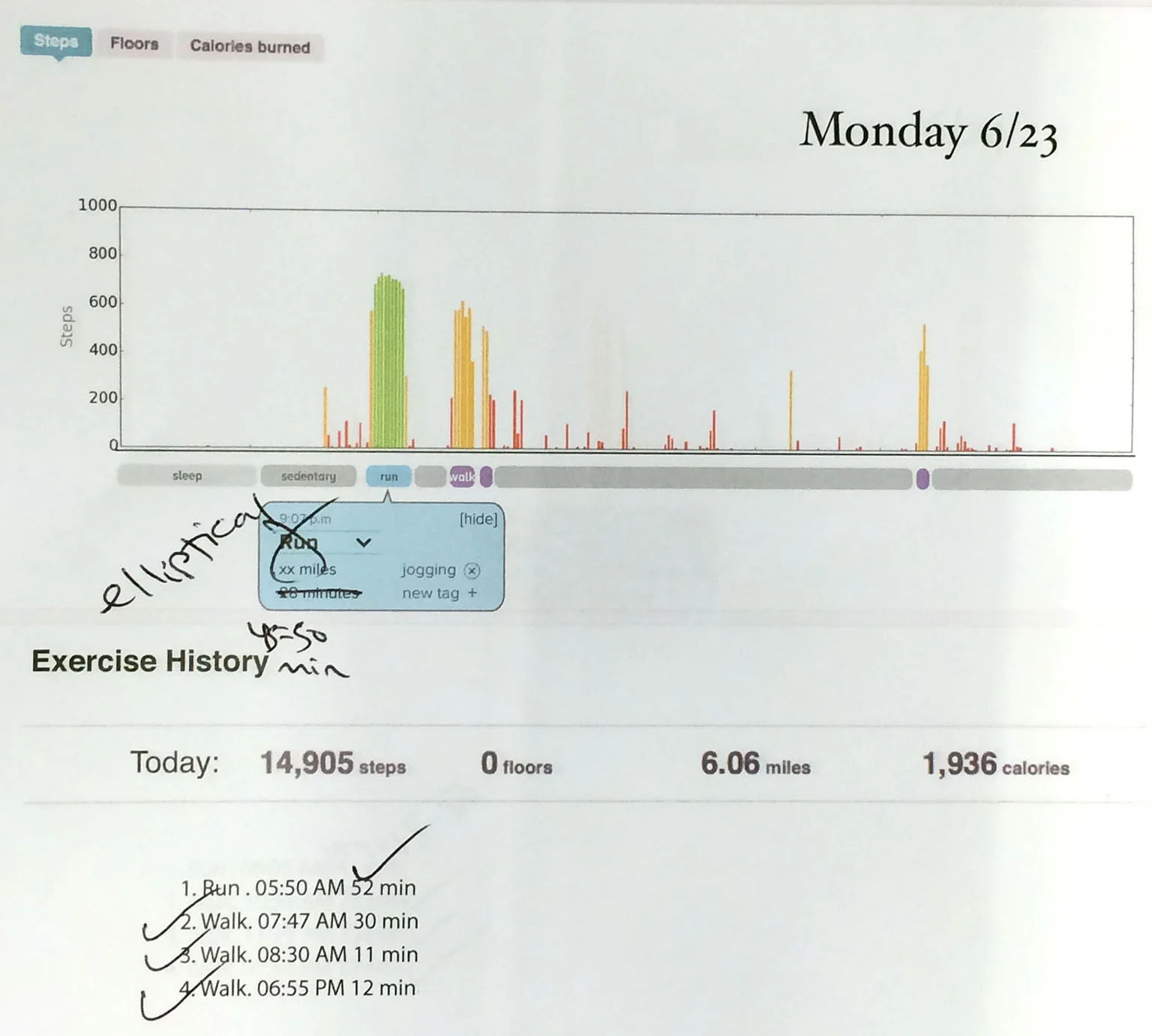 Above, you can see the addition of "tags," which I thought users might like to use to add context to the auto-detected events. As you can see, the algorithm came up against a difficult challenge in the form of elliptical machines. Since the algorithm couldn't distinguish step activity from elliptical sessions, many users' elliptical workouts were erroneously counted as runs or walks.