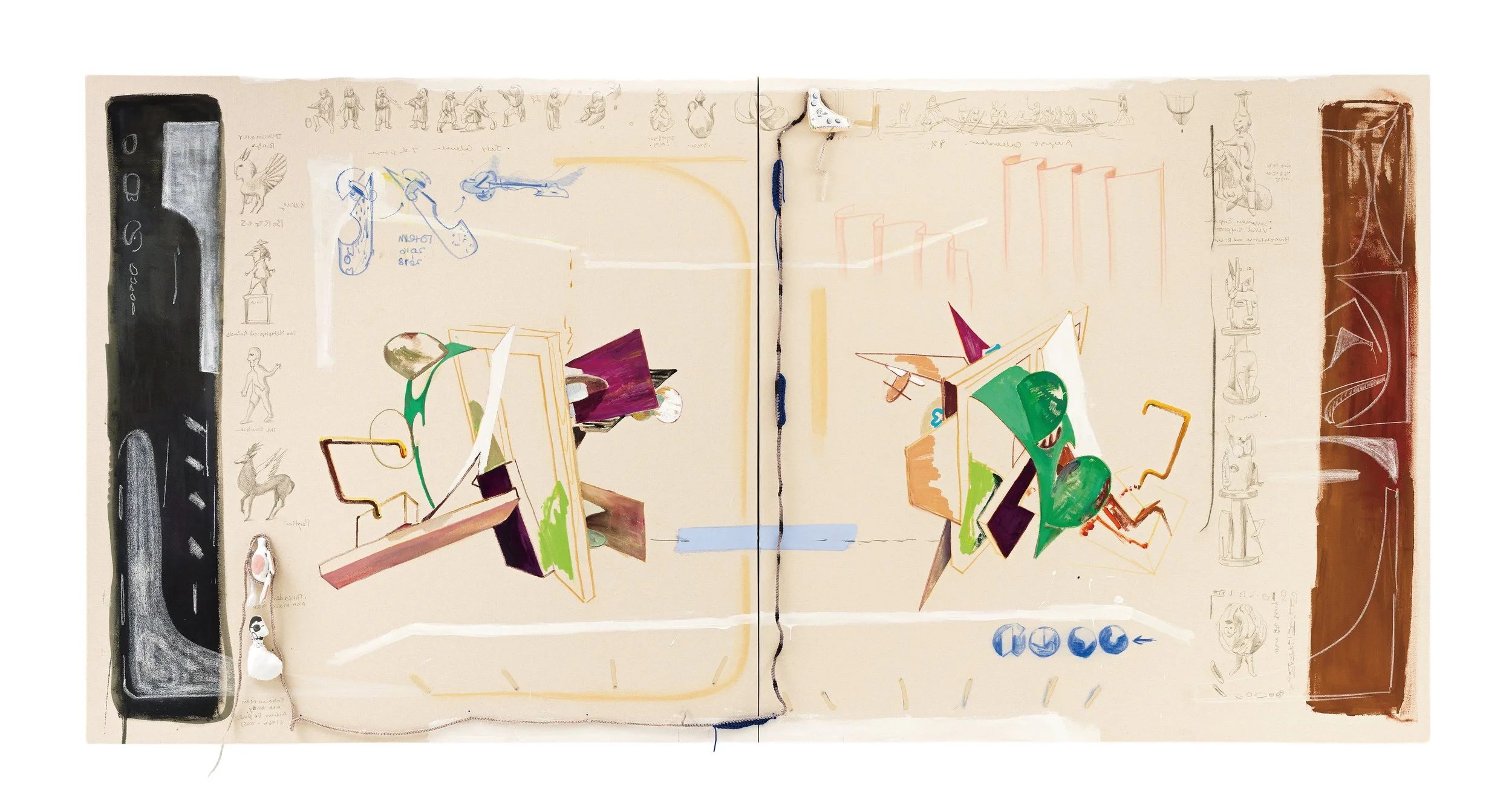   Structure and Afterimage   구조와 잔상, 2026. Watercolor on muslin, felt, and wool yarn, graphite, pastel, and acrylic on unprimed canvas 162.5×325 cm | 64×128 inch (overall) 