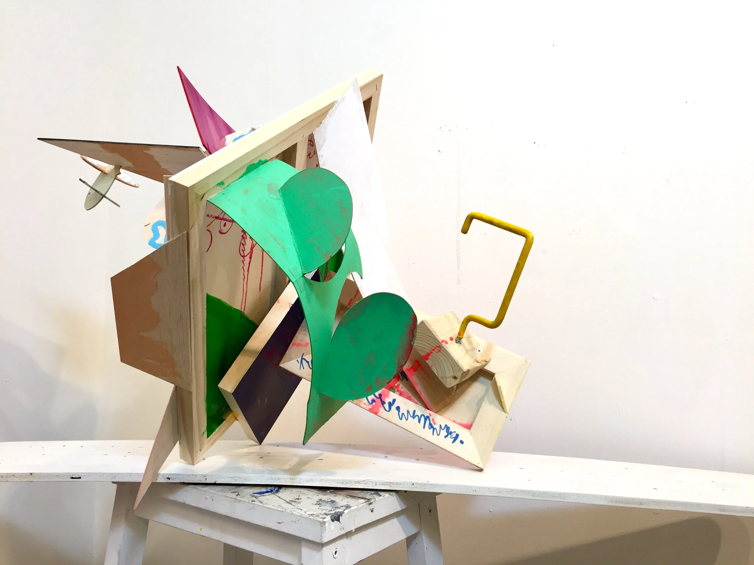  Structure , 2017. Acrylic, crayon on wood, wire, screw hook, 26×20×20 in. | 66×51×51 cm 