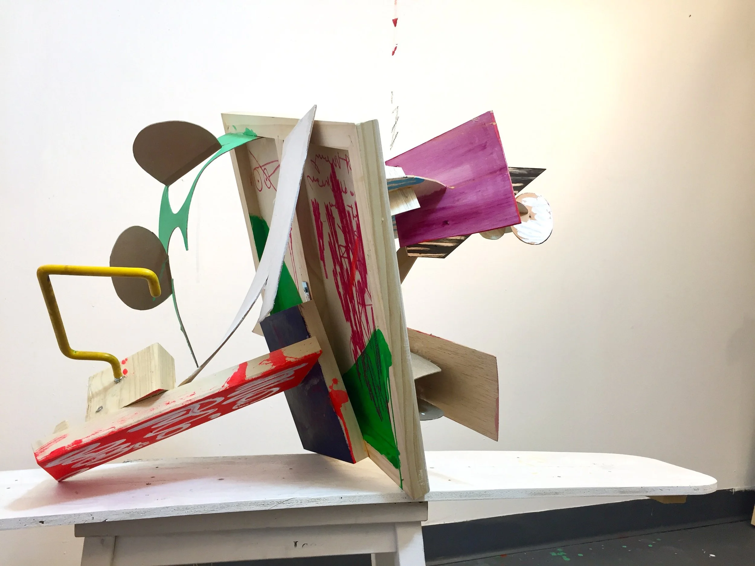  Structure , 2017. Acrylic, crayon on wood, wire, screw hook, 26×20×20 in. | 66×51×51 cm 