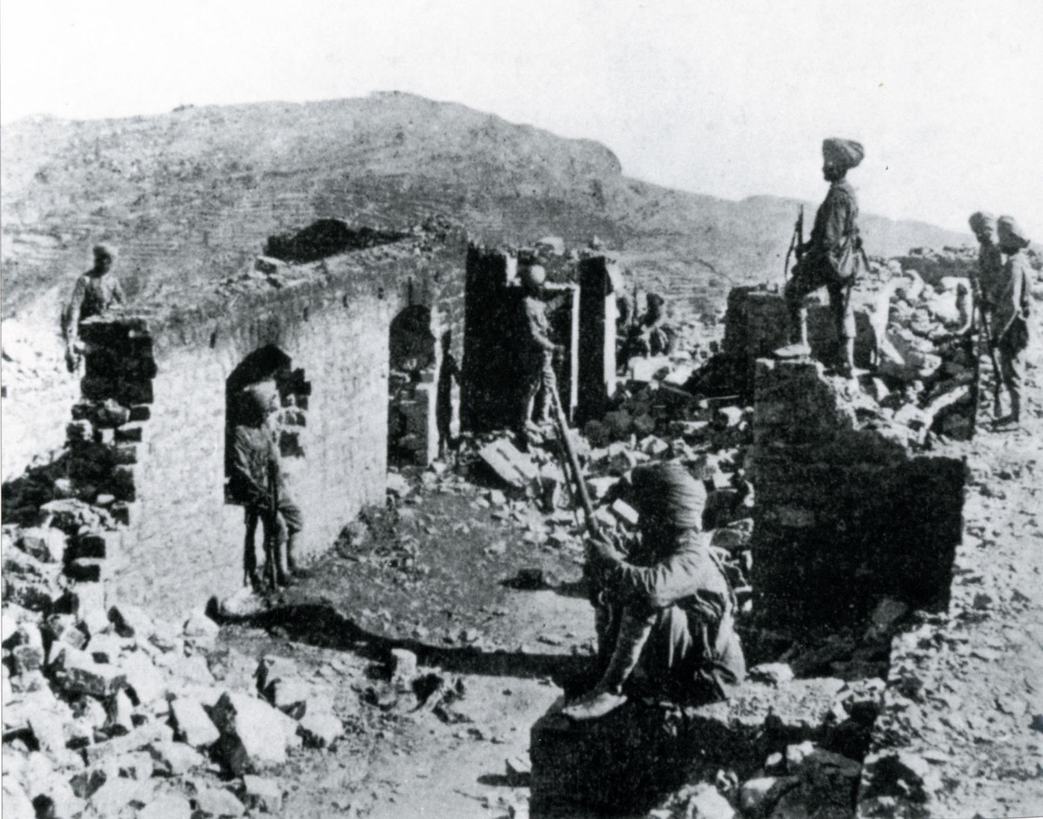 The burnt out remains of Saragarhi. Fort Lockhart is on the skyline, left centre.