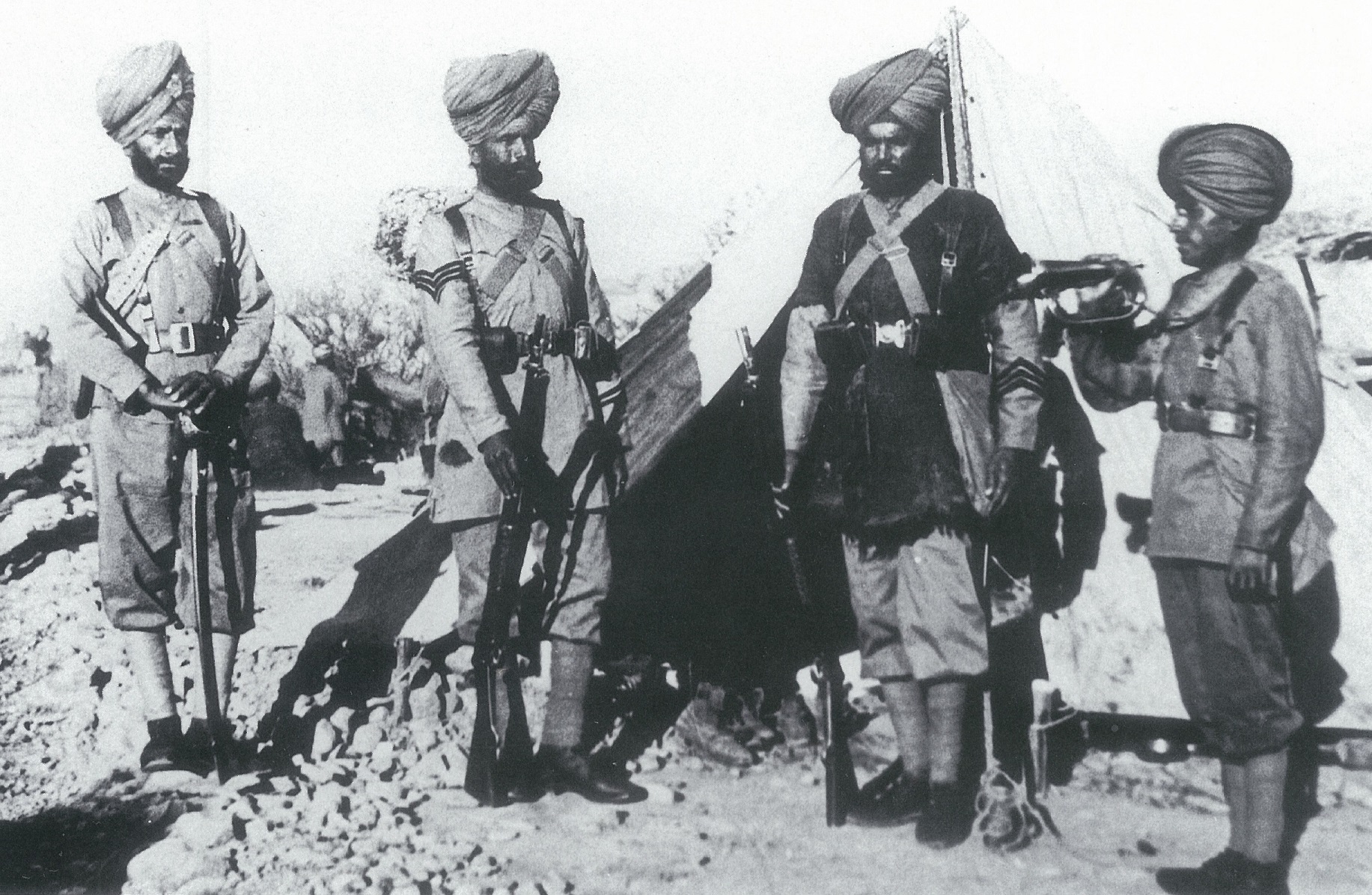 Various ranks of the 36th Sikhs. From left: Jemadar, Havildar, Sepoy and Bugler