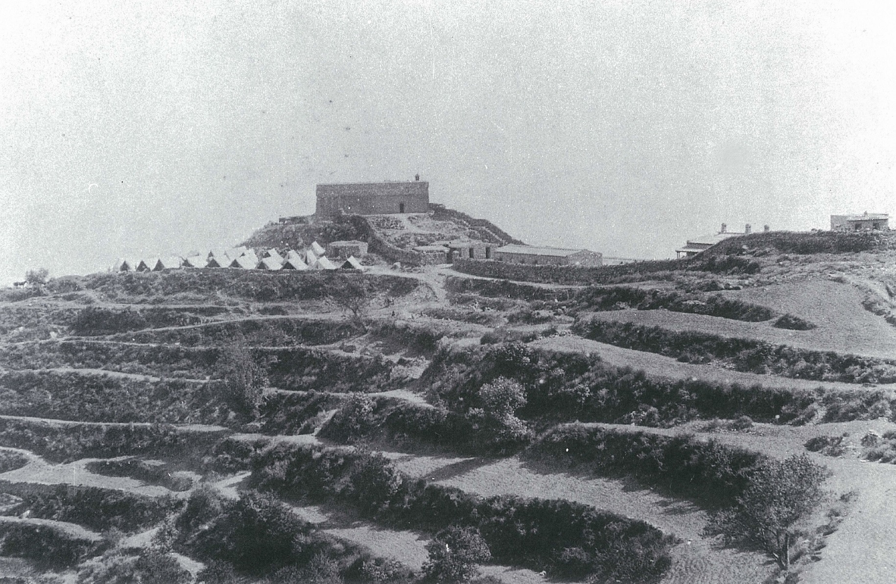 Fort Gulistan, photographed after its relief. Note the terraced hillside that provided excellent cover to the attackers.
