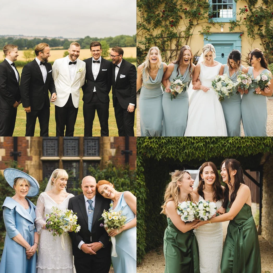 Four group photos from a wedding, featuring the groom and groomsmen, the bride and bridesmaids, the bride with family, and the bride with bridesmaids, all dressed in formal attire and smiling.