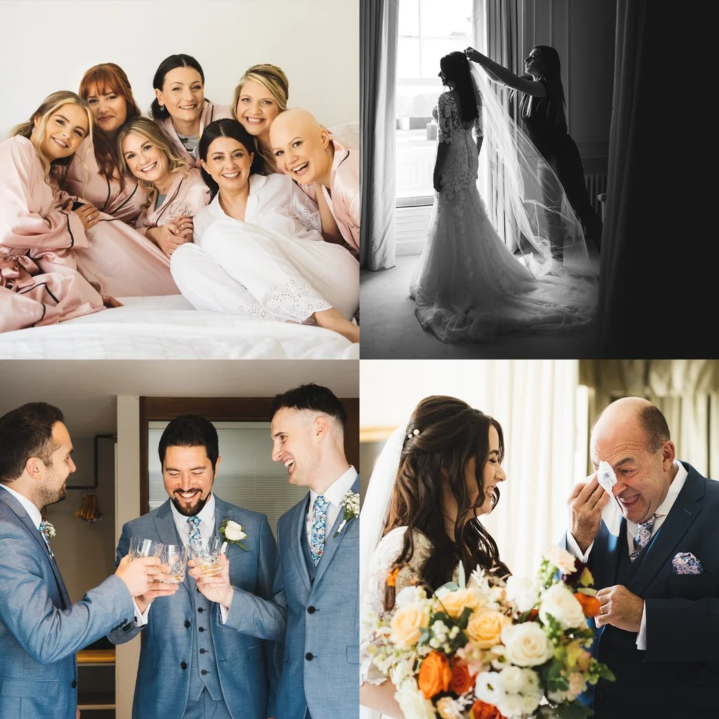 Collage of four wedding-related candid photos: a group of smiling women in matching pyjamas, a bride having her veil put on, three men in suits having a toast, and a bride smiling at her father as he wipes tears away.