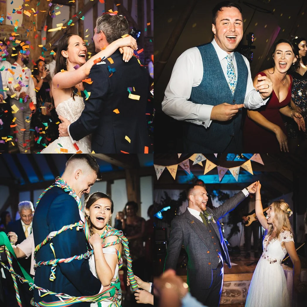 Four evening party wedding photos: a couple smile as a confetti canon is fired, a groom and his sister laugh at the camera, a couple are wrapped in italian wedding streamers, and a couple hold hands and sing at each other.