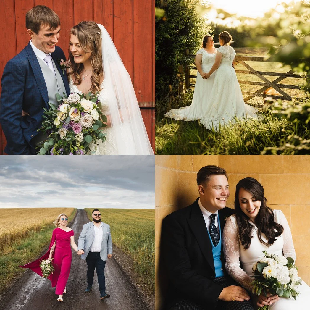 Four wedding couple portraits in a collage. A bride and groom laugh together in front of a red door, two brides hold hands in front of the setting sun, a couple in a pink jumpsuit and light suit walk together, a couple in front of a stately home.
