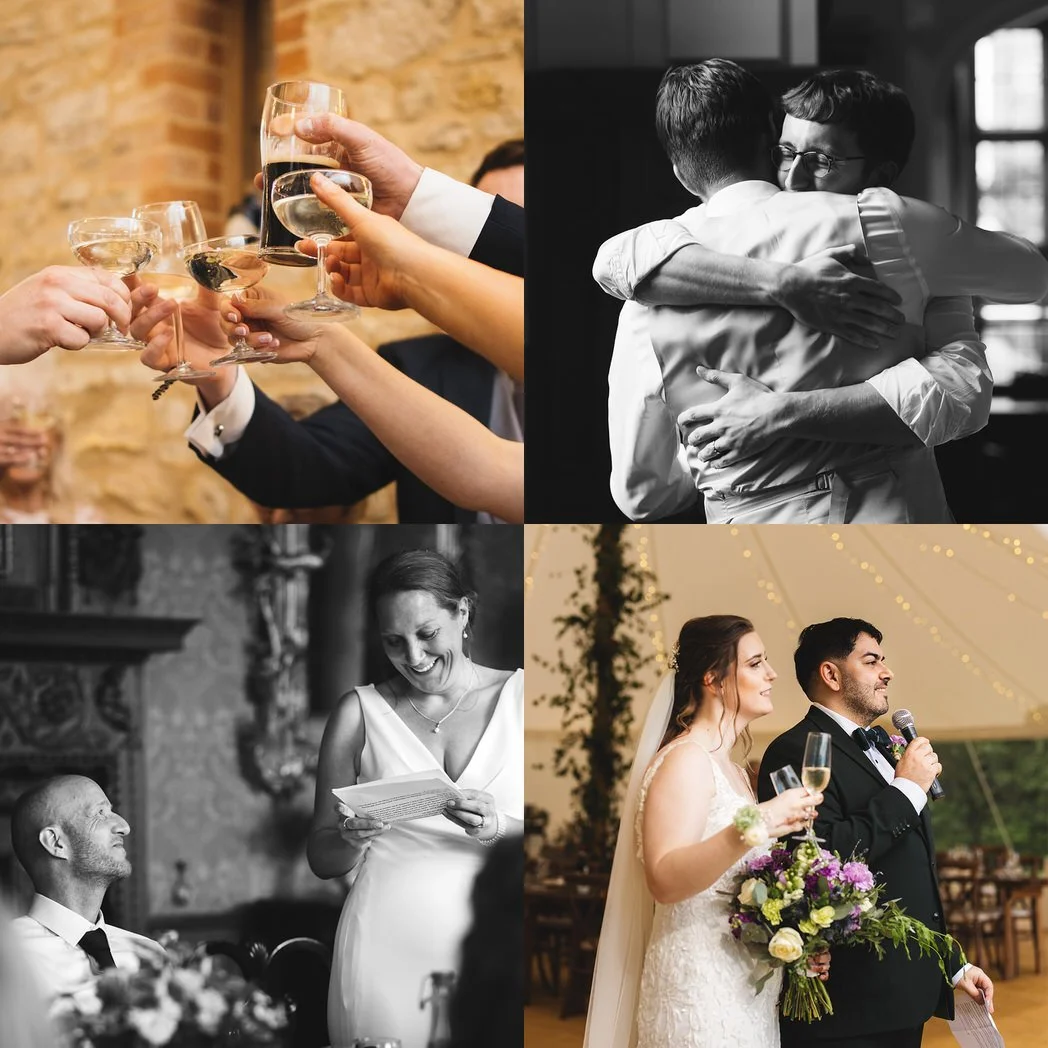 A collage of speech photos: a close up of wine glasses being toasted, a black and white of a groom hugging his best man, a bride smiling at her groom as she does her speech, and a couple do their speech in front of their marquee.