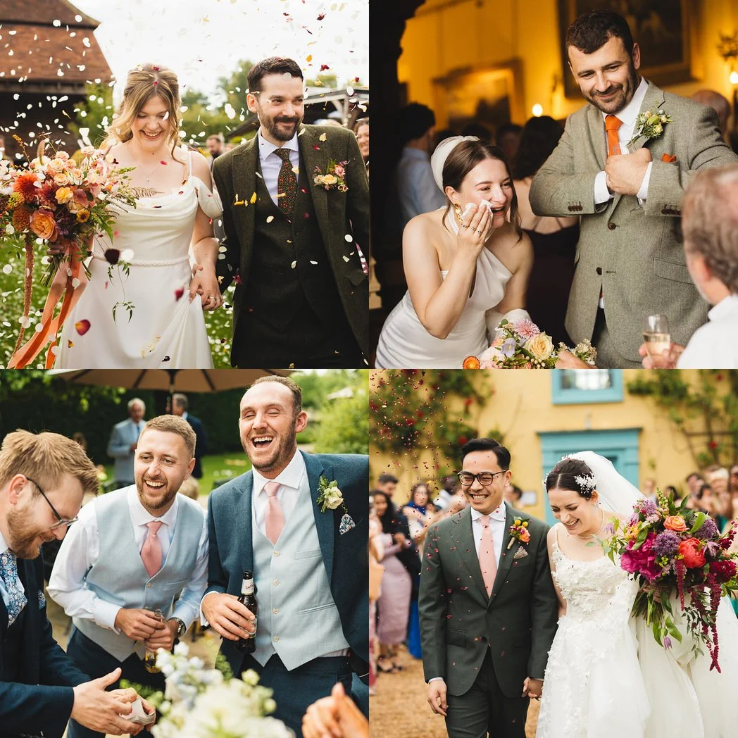Four photos of people celebrating wedding receptions outdoors and indoors, with joyful expressions, wedding dresses, suits, flowers, and confetti.