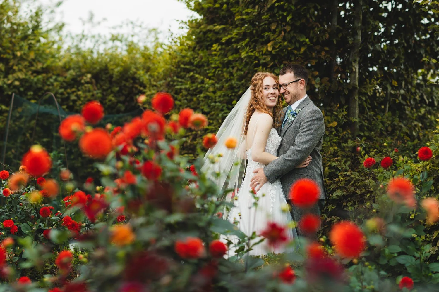 In the Herb Garden at South Farm, a couple embrace and laugh on their wedding day. They are surrounded by red dahlias.