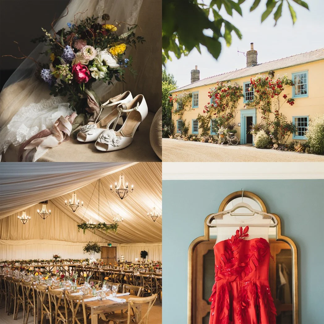 A wedding collage of details featuring a bouquet of flowers and white high-heeled shoes, a farmhouse wedding venue, a decorated wedding marquee with long wooden tables and chandeliers, and wedding dress hanging on a mirror.