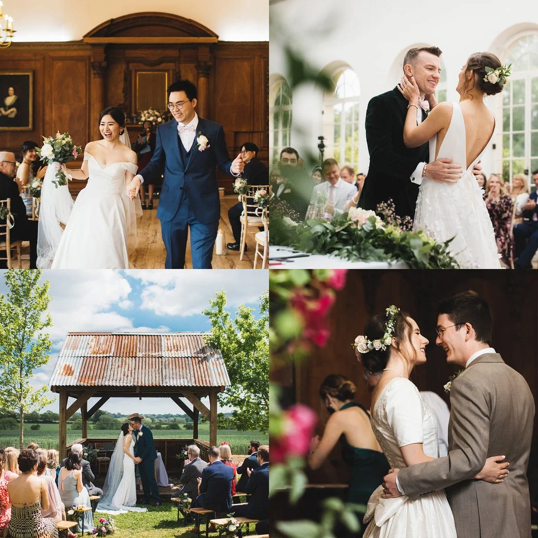 A collage of four wedding ceremony photos: a bride and groom leaving their stately home ceremony, a bride and groom embracing in an orangery ceremony, a couple kissing at the end of their outdoor ceremony, a couple looking at each other at church.