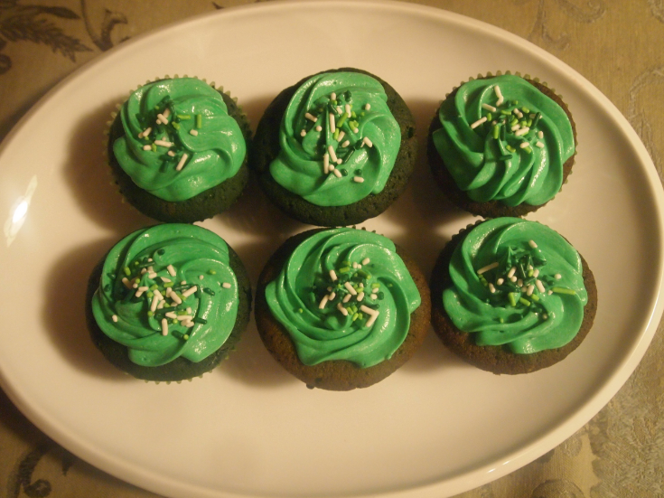 Introducing green velvet cupcakes with Irish Cream frosting colored green. Perfect for St. Patrick's Day.