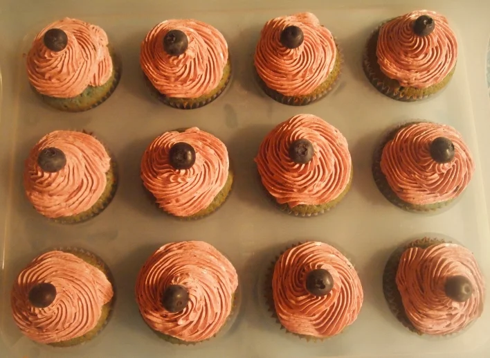 Blueberry Cupcakes - with natural blueberries folded in and frosted with natural blueberry buttercream.