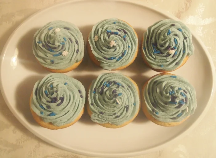 Winter themed vanilla cupcakes with wintry themed blue frosting.