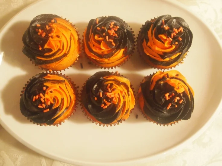 Orange velvet cupcakes - with a swirl for Halloween.