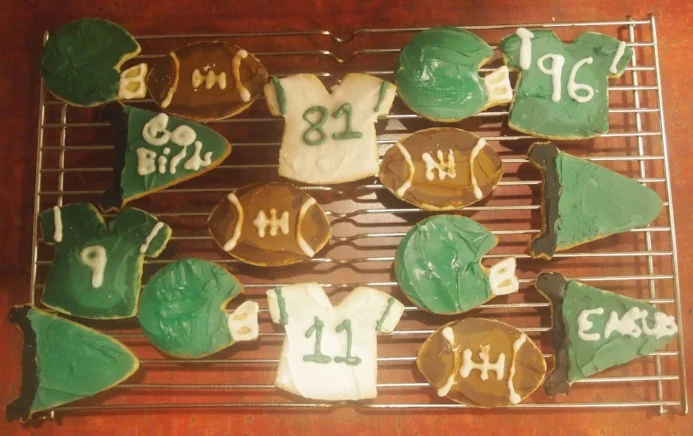 These football sugar cookies are in honor of this year's winning team in the Super Bowl.