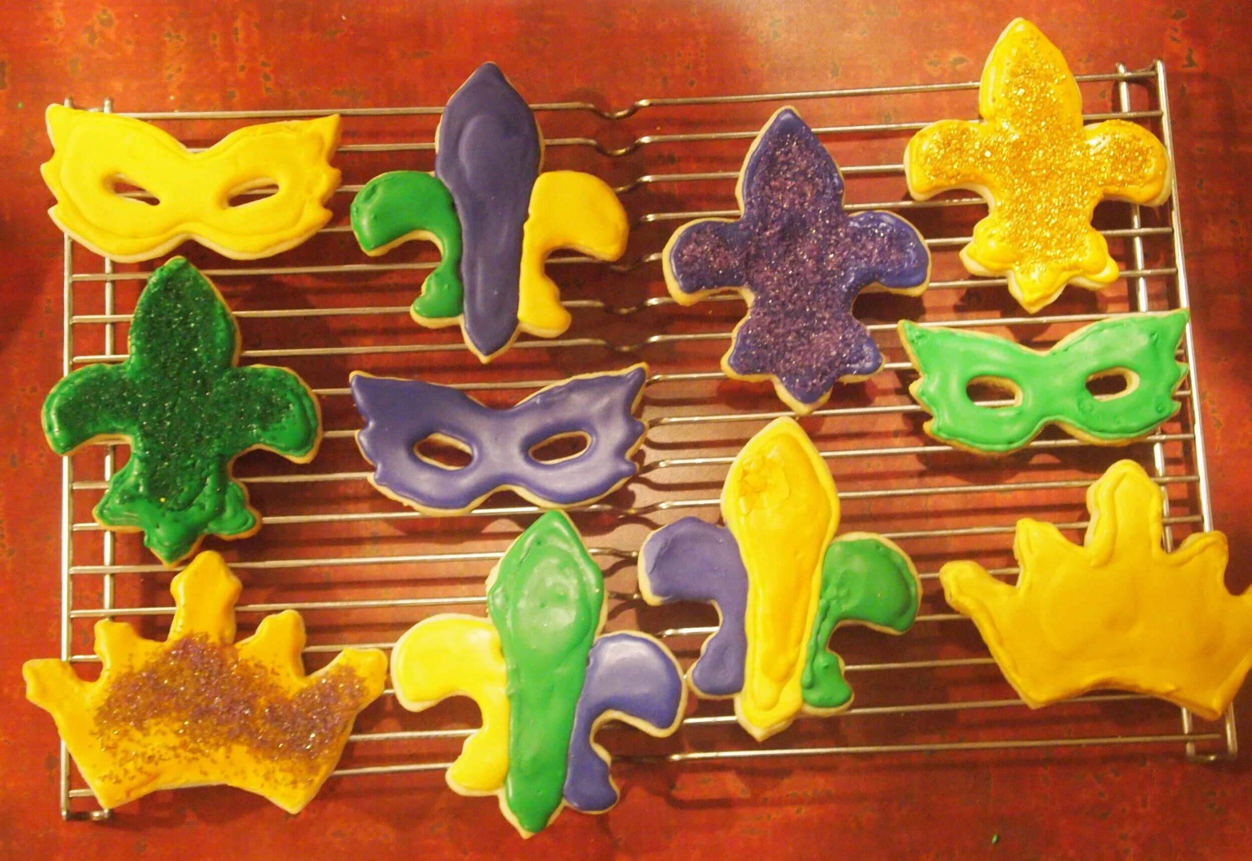 New and brightly decorated Mardi Gras cookies.