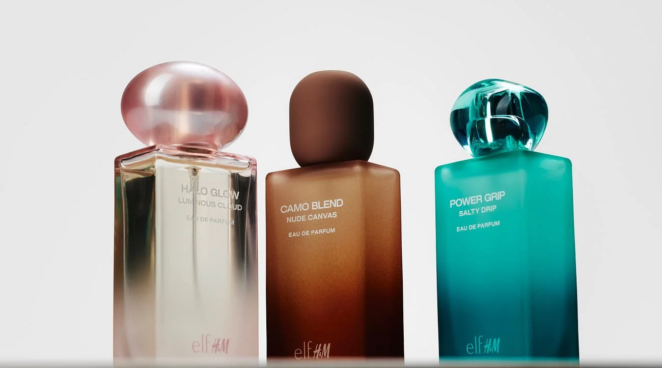 Eau de parfum bottles from the H&M and e.l.f. Cosmetics fragrance collaboration inspired by Power Grip, Halo Glow and Camo