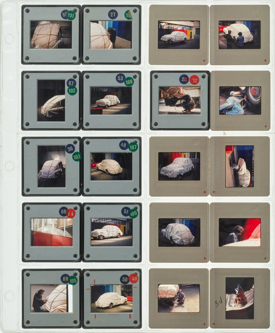 Contact Sheet: Christo wrapping "Wrapped Automobile-Volvo, Model PV-544" (1981) Artwork © Christo and Jeanne-Claude Foundation Photo: Wolfgang Volz Courtesy Christo and Jeanne-Claude Foundation and Gagosian