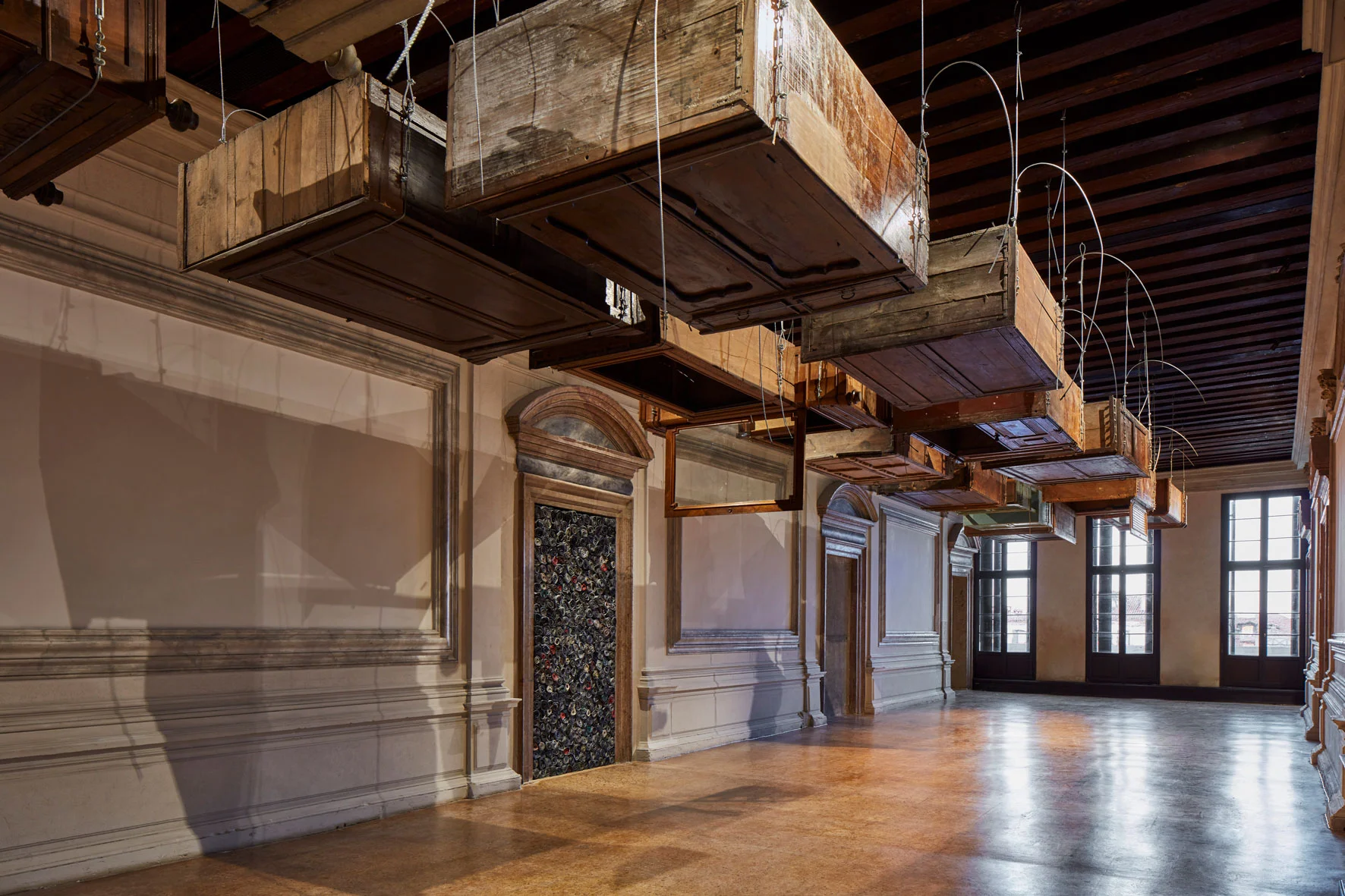 Jannis Kounellis Untitled, 1993–2008wardrobes, steel cables Jannis Kounellis Untitled, 2004lead rolls, fabric