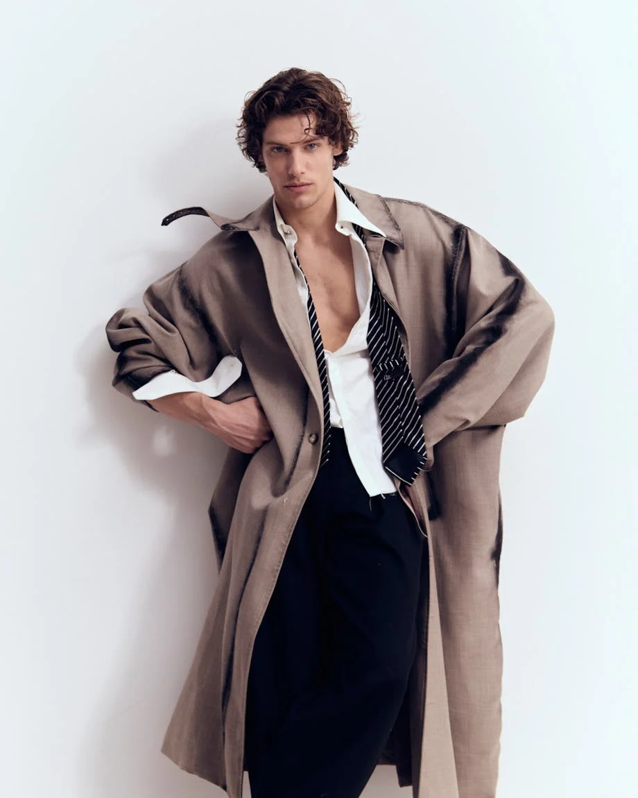 UMBERTO VILLAHERMOSA photo Cosimo Buccolieri Digital Cover SS26 for LE MILE Magazine Umberto wears a coat by ACT N1, a shirt by CANAKU, pants by THE NOUR, shoes by JIMMY CHOO, and an archive tie
