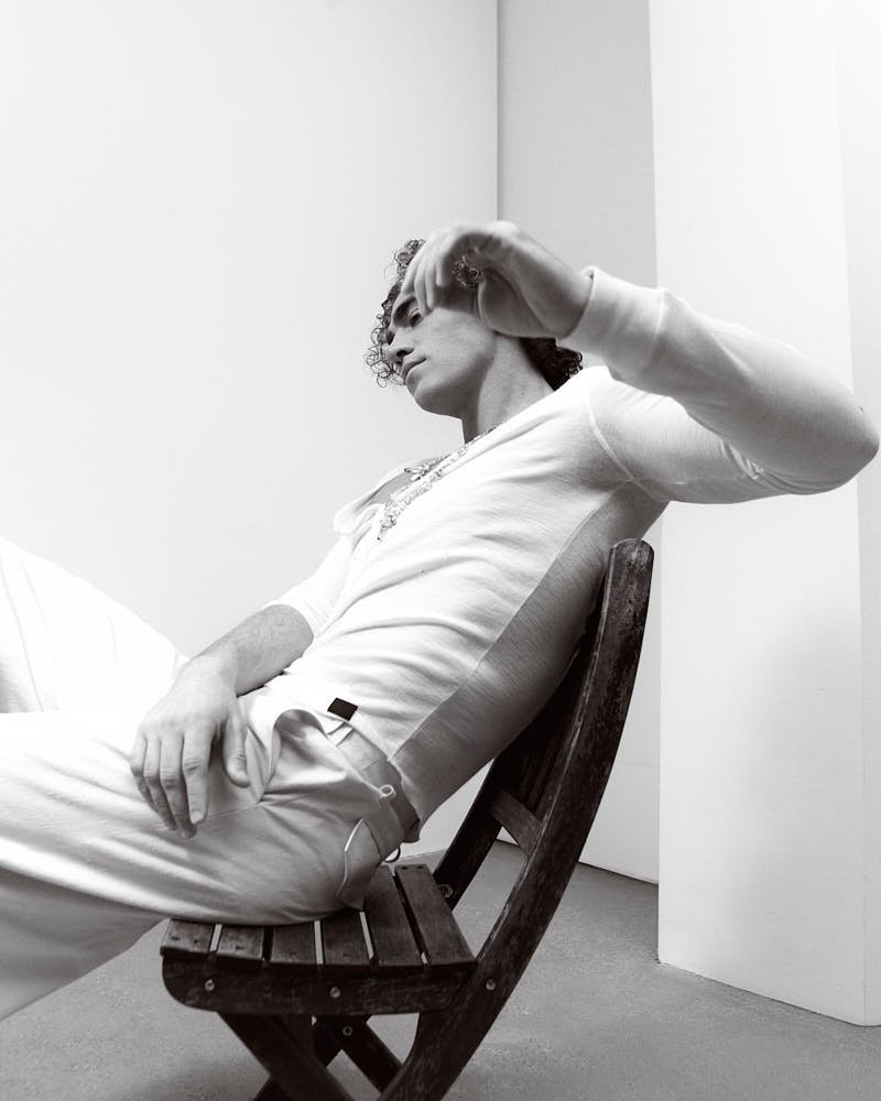 Simone Pollastri Digital Cover for LE MILE Magazine photo by Cosimo Buccolieri lemilestudios Simone wears a long-sleeved top by DSQUARED2, pants by SETCHU, shoes by ZEGNA, and jewellery by SWAROVSKI