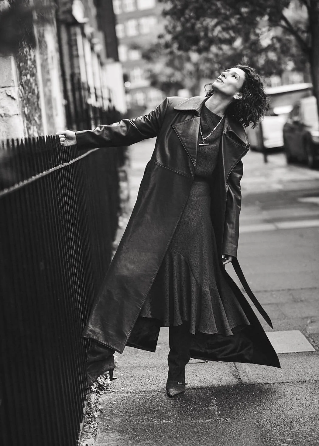 Indira Varma LE MILE Magazine photo Will Aldersley lemilestudios digital cover ss26 Indira Varma wears a brown trenchcoat by LURLINE, a top and skirt by EDELINE LEE, and brown suede boots by KALDA
