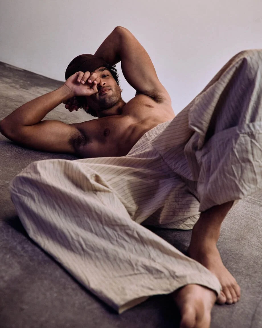 NOAH SAPON Interview SS26 Fashion Editorial for LE MILE Magazine Noah wears pants and shorts by DOLCE&GABBANA and hat by LORO PIANA