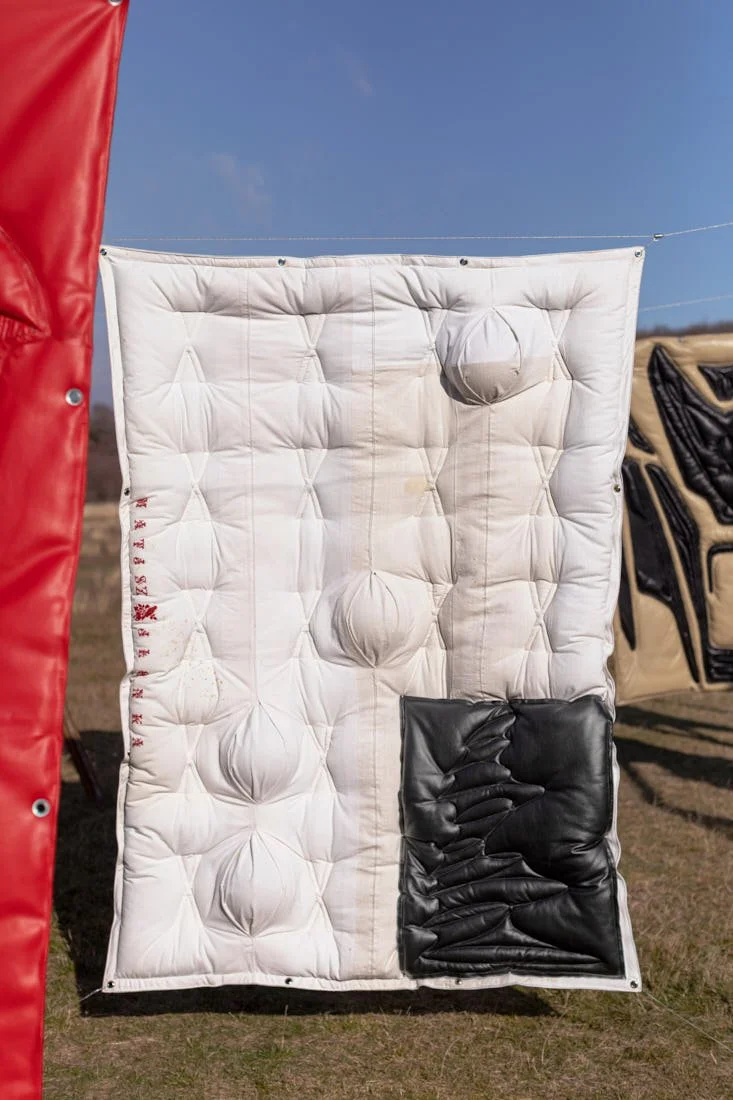 Dunyha Firka 1, 2021, quilted leather and canvas with acrylic spheres, 200 × 140 cm, presented as part of Dunyha Tomorrow at acb Gallery, Budapest, Hungary, 2021. Image by Dávid Tóth