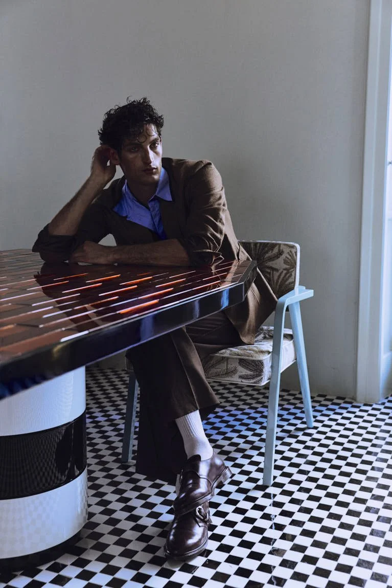 Aaron Shandel for LE MILE Magazine photographer Cosimo Buccolieri Issue 41 FW26 Deja Vu Cover Aaron wears a blazer by CANALI, a vest by DOLCE&GABBANA, a shirt by MSGM, pants by DIESEL and shoes by PREMIATA