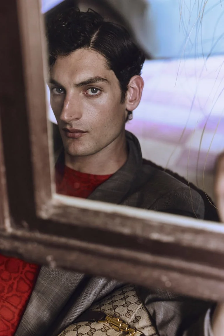 Aaron Shandel for LE MILE Magazine photographer Cosimo Buccolieri Issue 41 FW26 Deja Vu Cover Aaron wears a total look by GUCCI