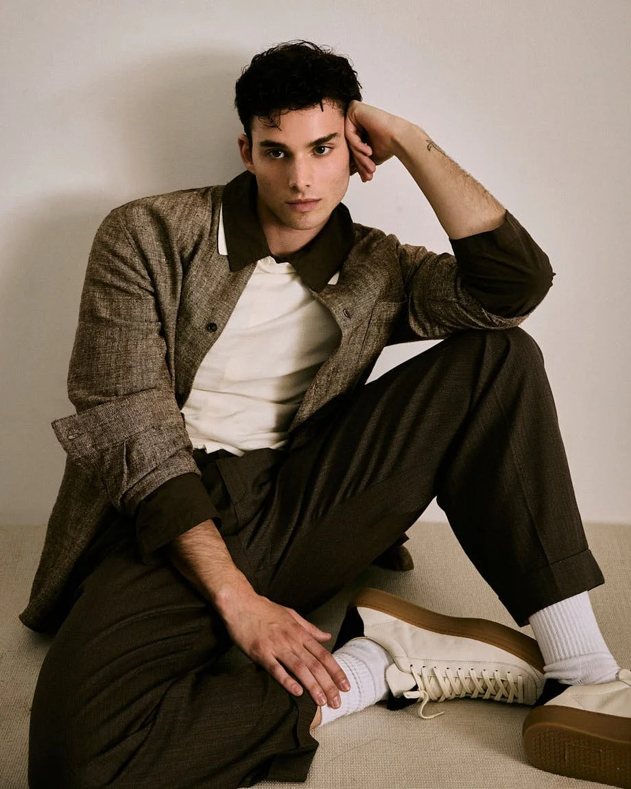 Riccardo de Rinaldis SS26 Digital Cover Story for LE MILE Magazine photographer Cosimo Buccolieri Riccardo wears jacket by TOD’S, sweaters by SANDRO and EXTREME CASHMERE, shirt by LABO.ART, pants by LORO PIANA and shoes by AQVA ALTA