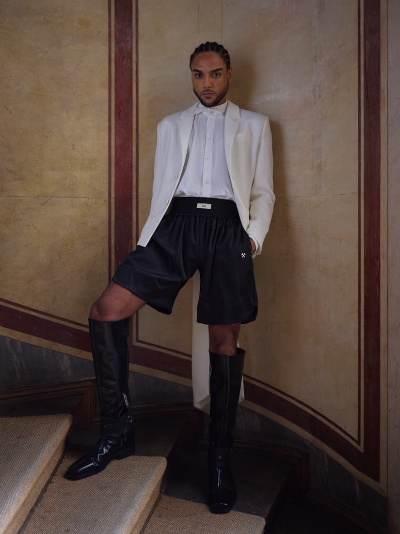 Lamin Leroy Gibba stylist Klass Hammer photo Leon Nevill Gallagher LE MILE Magazine Lamin wears a total look by GmbH